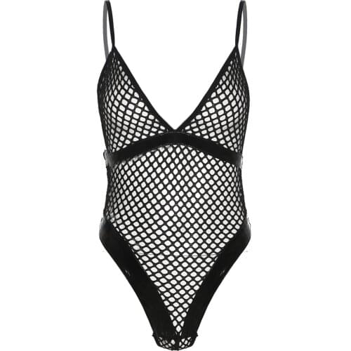 Plus Size Fishnet Bodysuit Women Erotic Porno See-Through Hollow Out Patent Leather Patchwork High Cut Spaghetti Strap Leotard