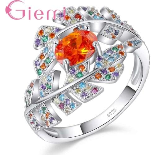 Creative CZ Rainbow Leaf Ring with Big Oval Orange Crystal Fine 925 Sterling Silver Zircon Jewelry Women Girls Gift
