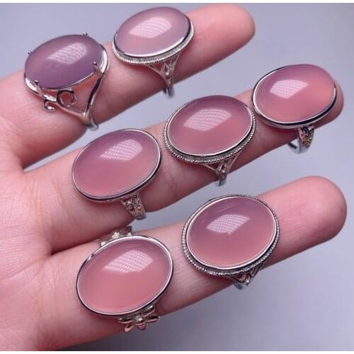 1PC Random Oval Natural Rose Crystal Rings for Women Elegant Rosy Stone Pink Quartz Rings Party Wedding Jewelry Adjustable Open