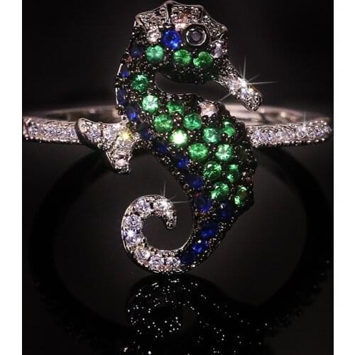 Cute Seahorse Hippocampus Ring with Bling Zircon Stone S925 Sterling Silver Color Wedding Engagement Ring Women Fashion Jewelry