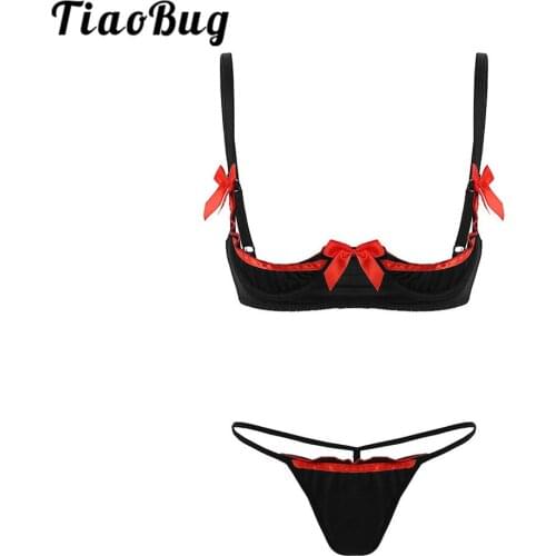 Womens Ultra-thin Solid Color Hot Sexy Lingerie Set Adjustable Straps Open Cups Underwired Bra with G-string Erotic Underwear