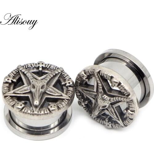 Alisouy 2pcs Stainless Steel Skull Star Pulley Ear tunnels Stretch piercing ear plugs expander body jewelry Women Men 8-25mm