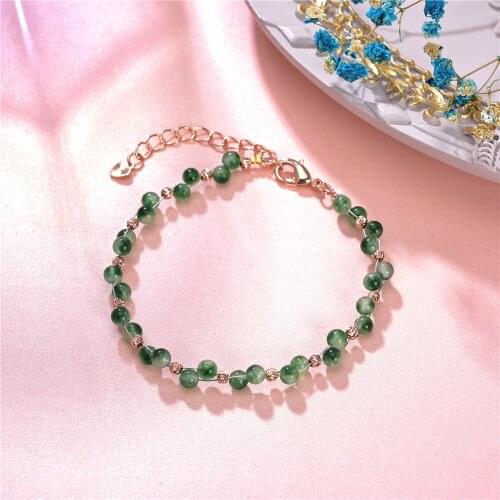 Beaded Bangle Natural Stone Green Jades Round Beads Strand Bracelets Lady Snake Chain Energy Yoga Healing Jewelry 7.5inch Y973