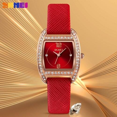 SKMEI Fashion Quartz Womens Watches Luxury Crystal Student Girls Clock Leather Strap Ladies Dress Wristwatch Relogio Feminino