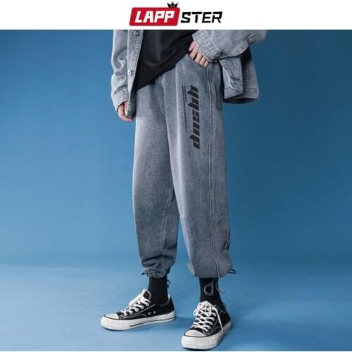 LAPPSTER Men Streetwear Letter Printed Jeans Joggers 2021 Spring Mens Fashions Vintage Cargo Denim Pants Male Hip Hop Trousers