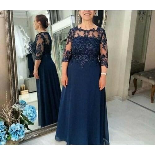 Elegant A-Line O-Neck Long Sleeve Lace Mother of the Bride Dresses Navy Blue Chiffon Floor Length Wedding Party Dress for Women