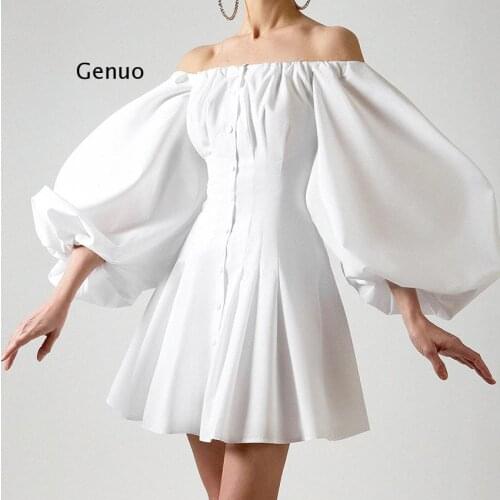 Elegant High Waist Fit And Flare Women Dress White Off Shoulder Mini Dress Dresses Black Latern Sleeve Button Down