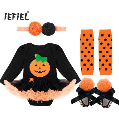 Newborn Baby Girls Halloween Pumpkin Romper Costumes Toddler Girls Clothes Long Sleeves Romper with Headband Leg Warmers Shoes