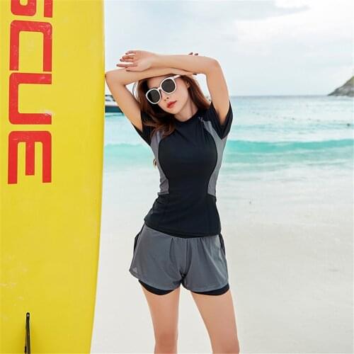 Short Sleeve Rash Guard Women Solid Swimwear Shorts Bathing Suit Zipper Surfing Suit Pad Diving Suit Korea Plus Size Two Piece