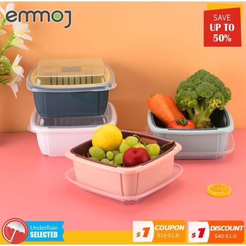 Kitchen Container Double-Layer Drain Basket Lid Refrigerator Crisper Square Washing Fruit Vegetable Basket Kitchen Organizer