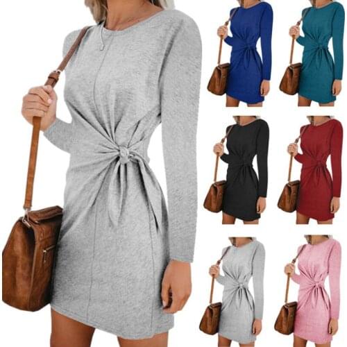 Fashion womens dresses round neck 2019 new elegant blend long sleeve solid color wild dress Retro Pencil dress autumn overcoat