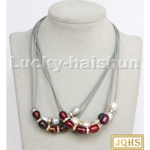 Natural 17" 13mm rice white gray black coffee wine red pearls gray leather necklace c175