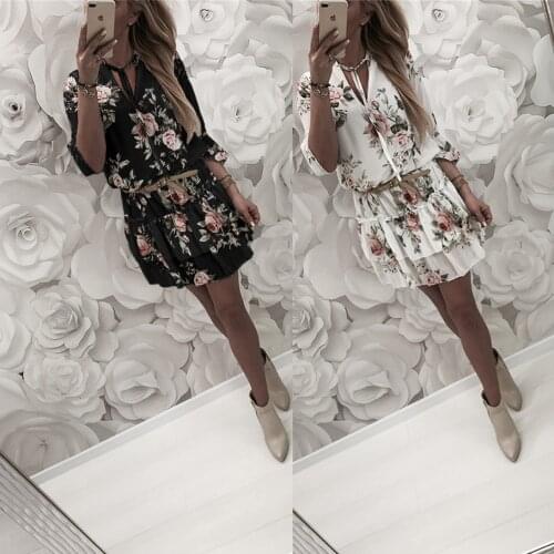 2020 New Womens Printed Long Skirt V-neck Ruffle Dress