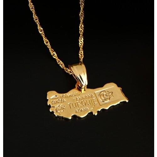 Gold Color Turkey Map Pendant Necklace Women Turkish Flag Turkiye Cumhuriyeti For Girl Turk Jewelry