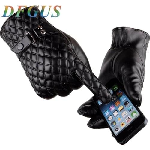 New Mens Fashion Leather Gloves Plaid Winter Gloves Touching Screen Plaid Thicken Warm Thermal Mittens Driving Winter Gloves