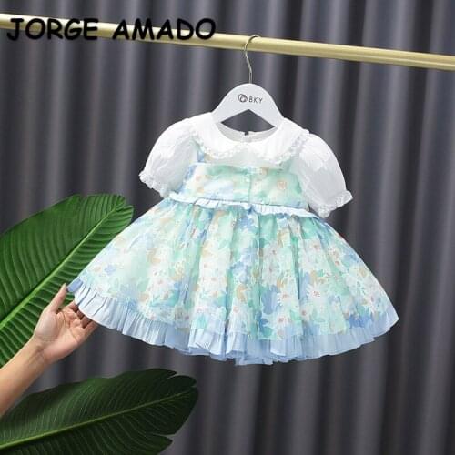 2021 Hot Sale New Summer Kids Girls Dress Peter Pan Collar Flower Print Princess Dresses Lolita Style Preschool Clothes E1247