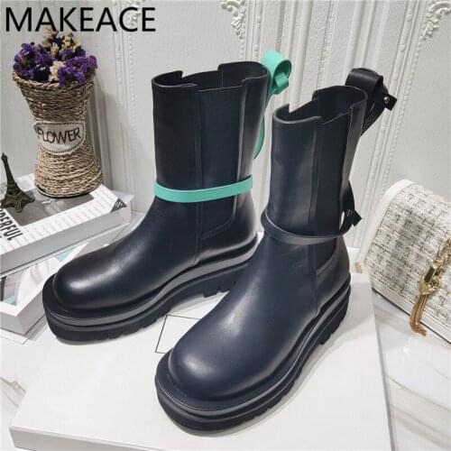 Black Thick Sole Short Boots Women British Style Shoes Woman Color Buckle Strap Flat Mid Calf Boots Women Motorcycle Boots 2021