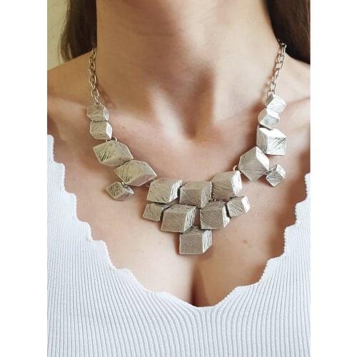 Silver Plated Antique Steel Cube Pattern 3 Dimensional Pendant