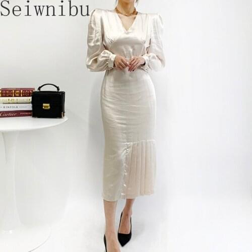 Slim Waist Lace Up Wrap Hip Black Puff Sleeve V-neck Pleated Silk Dress Office Lady Temperament Solid Vestido Gentle