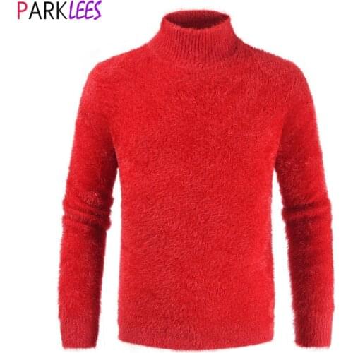 Turtleneck Fluffy Mohair Sweater Men Women 2020 Autumn Casual Warm Mens Red Pullover Sweaters Slim Fit Soft Knitwear Pull Homme
