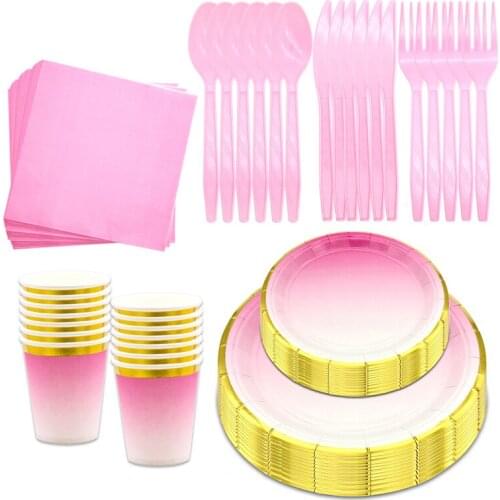 Pink Gradient Disposable Paper Plates Cup Tableware for Baby Showers Decorative Parties Weddings Birthday Decor Supplies