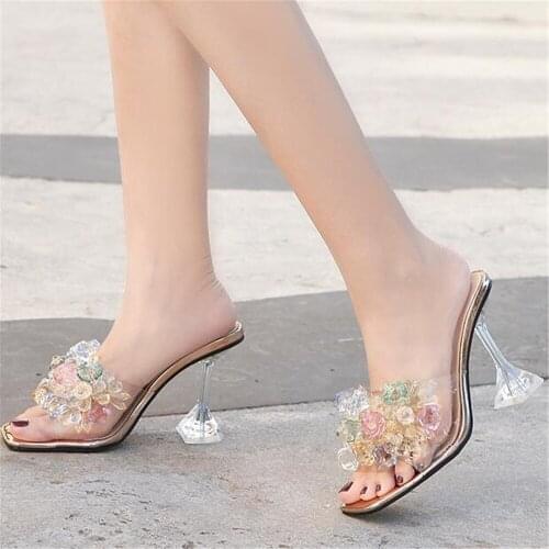 2021 Sexy Female String Bead High Heel Slippers Transparent Crystal Square Toe Sandals Women Leisure Summer Shoes Gold Silver