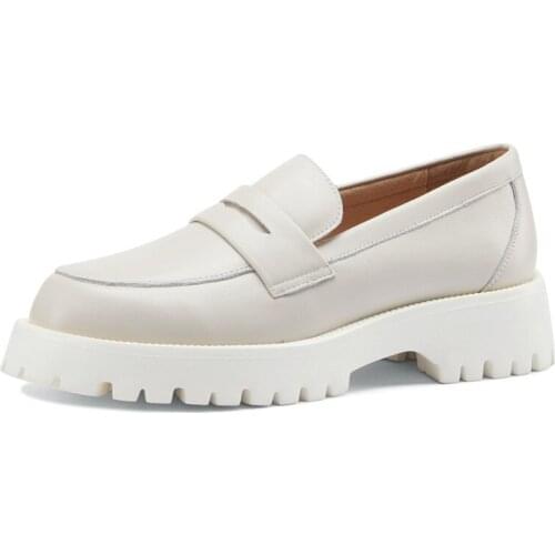 Miaoguan Women Loafers Shoes Autumn Genuine Leather Platform Flats Slip on Round Toe Shoe Ladies Casual Footwear Beige Spring 34