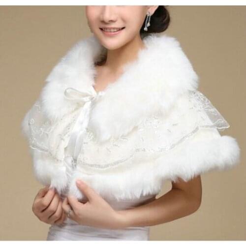 High Quality Ivory/White Lace Faux Fur Bride Shawl Bridesmaids Shrug Winter Wedding Stole Wrap Party Jacket