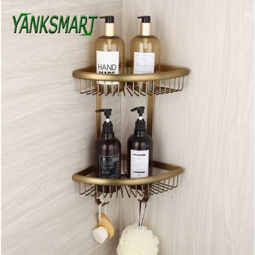 YANKSMART Antique Brass 2 Tier Corner Storage Holder Shelves Storage Rack Toilet Utensils Bathroom Shower Shampoo Shelf Holder