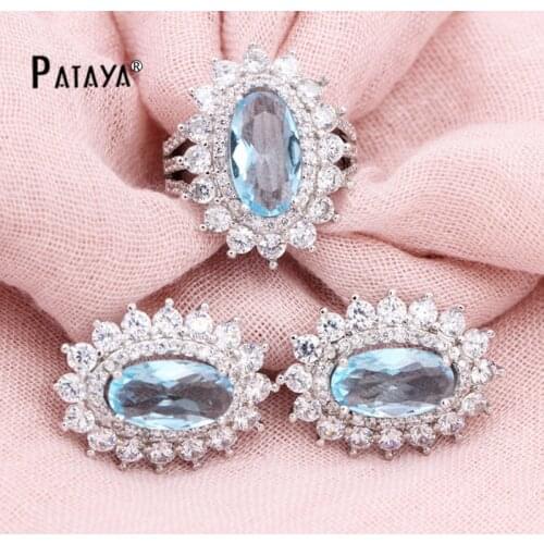 PATAYA Sunshine Jewelry Sets True White Gold Round Blue Natural Zircon Big Earrings Ring Crystal Dubai Bride Egyptian Jewelry