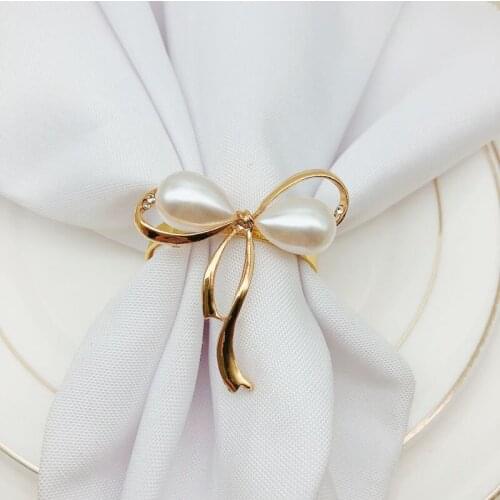 10pcs Bow-knot napkin buckle Pearl napkin ring Metal cloth ring Hotel soft-wear table napkin ring