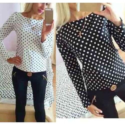 Autumn Women Long Sleeve Polka Dot Casual Top Blouse Chiffon Shirt Tee Clothing
