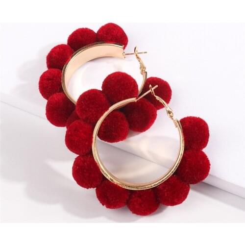 Vintage Gold Circle Hoop Earrings Leopard Pompom Earrings For Women Red Hoops Creole Big Pom pom Earrings Christmas Jewelry