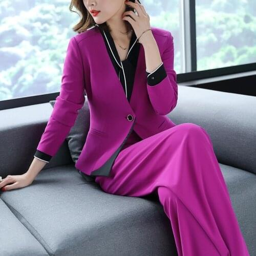 Women Purple Blazer Pants Suits 2018 Spring Office Lady New Fashion V-neck Single Button Blazer and Wide Leg Pants 2 Pieces Sets