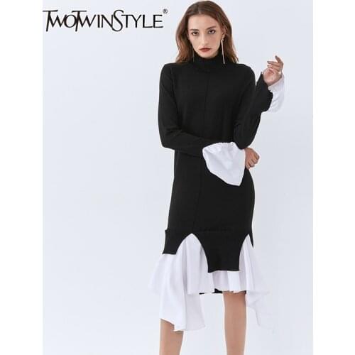 TWOTWINSTYLE Patachwork Hit Color Sweater For Women O Neck Flare Sleeve Casual Loose Sweater Female 2020 Fall Fashion New Style