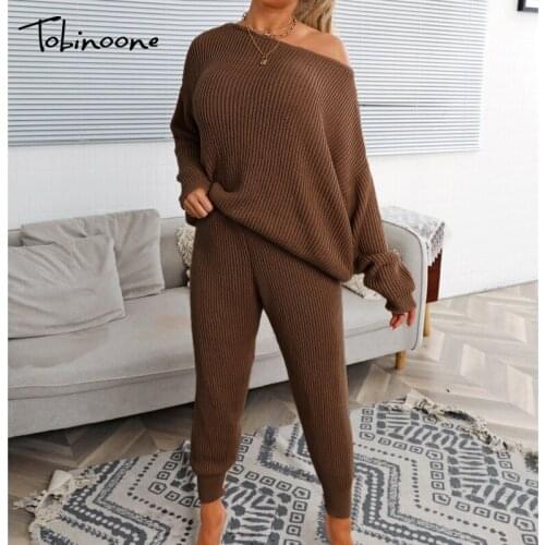 Tobinoone Knitted Solid Soft Home 2 Piece Sets Women Off Shoulder Autumn Pant Sets Backless High Waist Sexy Casual Womens Sets