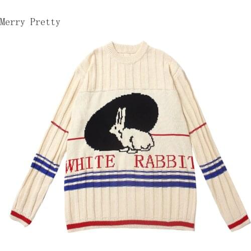 Harakuju Cartoon Rabbit Embroidery Casual Women Knitted Pullovers Sweaters 2020 Winter Long Sleeve O-neck Basic Girly Sweet Top