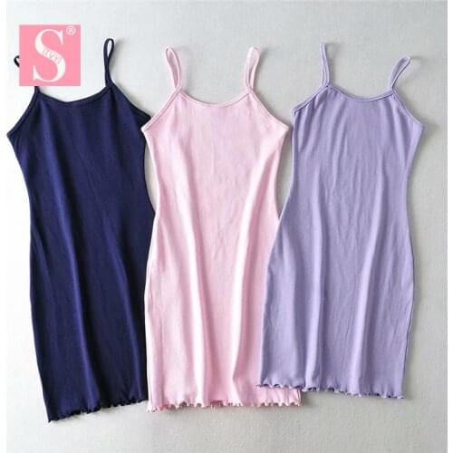 STVY 2020 Summer Sexy Solid Dress Women Slim Sleeveless Cotton Spaghetti Strap Dress Hem Lace Mini Female Dress