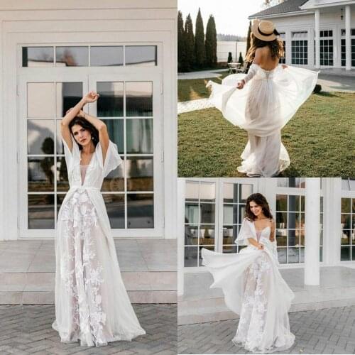 Bohemian A Line Wedding Dresses Sheer Neck Long Sleeve Chiffon Bridal Wedding Gowns Beach Boho Dress vestidos de novia