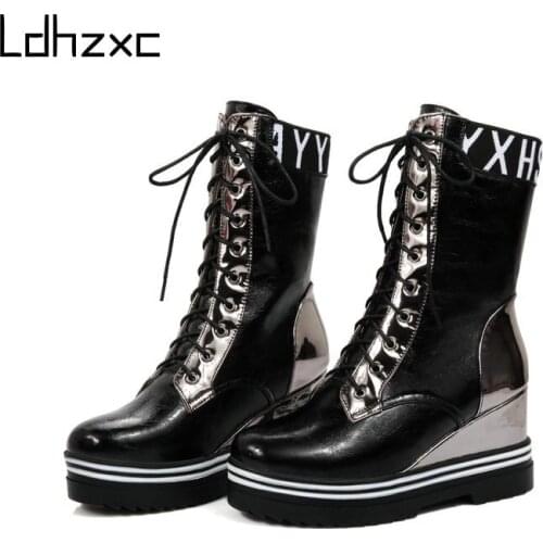 LDHZXC Hot Sale Autumn Lacing Mid-calf Boots Women Fashion Wedges High Heel Platform Woman PU Leather Shoes Large Size 43