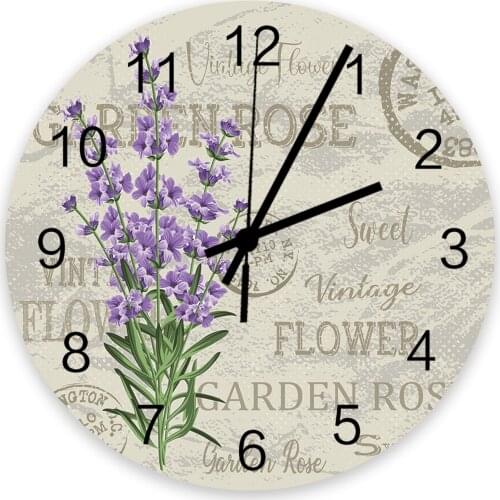 30cm Clock Purple Flowers Lavender Vintage Postcard Home Quiet Silent Simple Mute Decorative Wall Clock Living Room Wall Watch