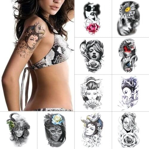 Black ink Temporary tattoo stickers Beauty model Female warrior Arm tattoo flower Waterproof fake tattoo for women