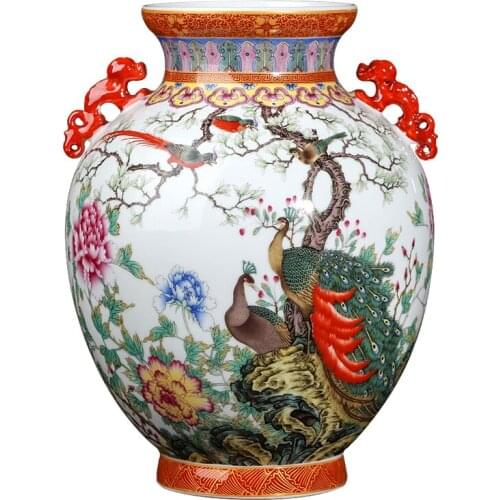 Jingdezhen Ceramics Enamel Peacock Vase Chinese Antique Living Room Flower Arrangement TV Cabinet Home Decoration