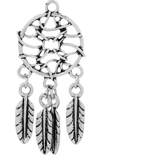 DoreenBeads Charm Pendants Feather Dream Catcher Silver Color Hollow 46mm(1 6/8")x 21mm(7/8"),10 PCs