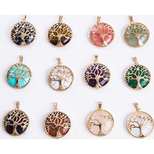 Tree of life Natural Stone Pink Quartz Crystal Tiger Eye Opal Turquoise Charms Pendant DIY Jewelry Making Necklace Accessories