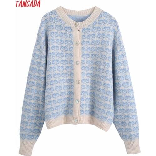 Tangada 2021 Autumn Winter Women Blue Floral Knitted Cardigan Sweater Jumper Vintage Long Sleeve Female Outerwear BE142