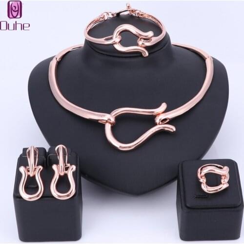 Women African Jewelry Sets Rose Gold Fashion Bridal Wedding Elegant Romantic Wedding Necklace Earring Bangle Ring Jewelry Sets