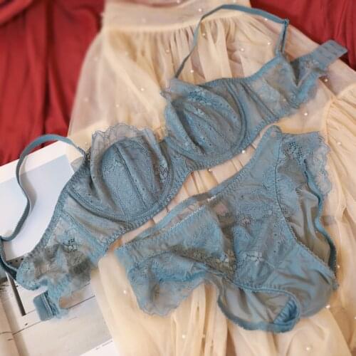 Honviey sexy lingerie set plus size ultra thin lace anti-bump dew point push up comfortable with steel ring transparent bra set