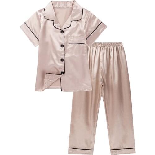 Summer Kids Sleepwear Boys And Girls Satin Pajamas Set Short Sleeve Solid Color Home Clothes Children Pyjamas For 4-12 Years