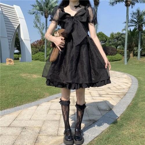 2021 Summer New One-Piece Dress Japanese Sweet Bow Design Puff Sleeve Puffy Princess Dress Vintage Ruffles Lolita Gothic Dresses